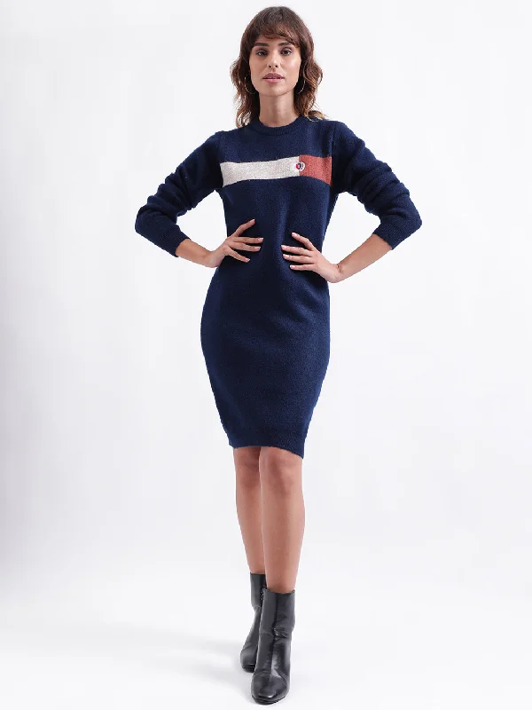 Iconic Women Navy Blue Colorblocked Round Neck Full Sleeves Dress Tunics Hiking breathable