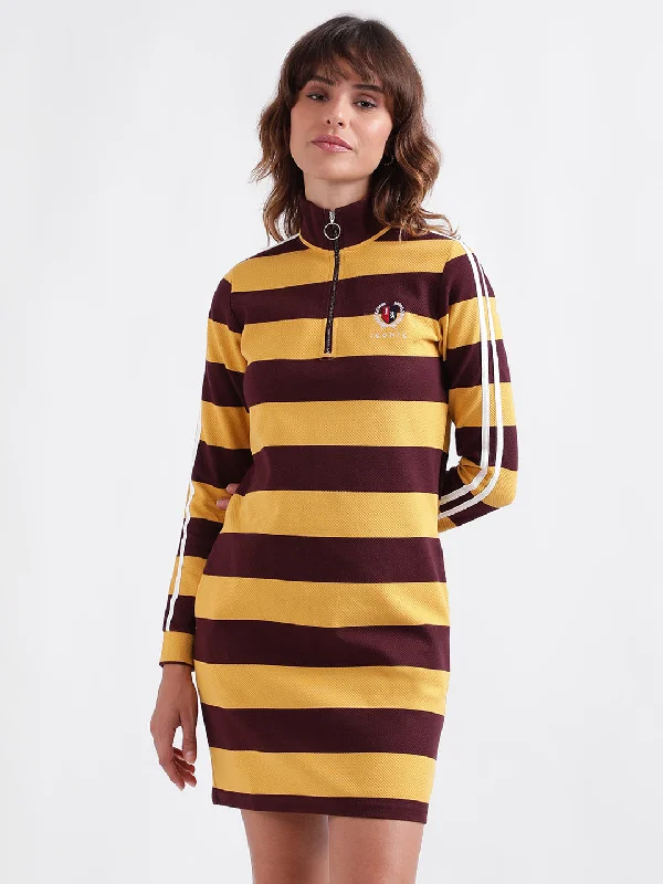 Iconic Women Multicolor Striped High Neck Full Sleeves Dress Tunics Running lightweight