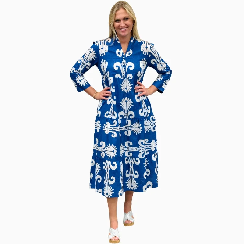 The Addison Dress in Blue White With Self Covered Button Placket Boatneck Modish Everyday