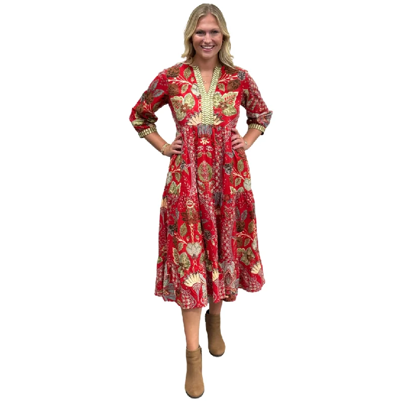 The Daniella Embroidered Midi Length Dress in Red Floral Crew Neckline Casual