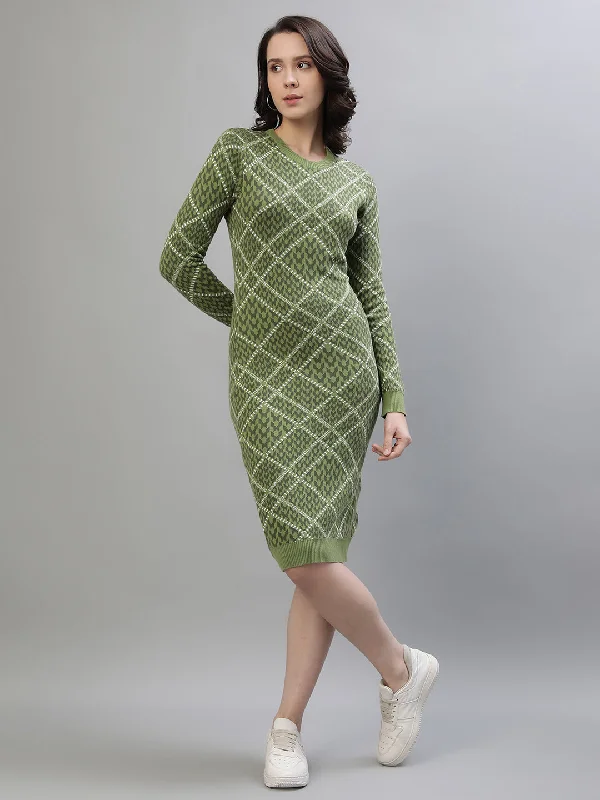 Iconic Women Green Jacquard Round Neck Full Sleeves Dress Tunics Travel practical