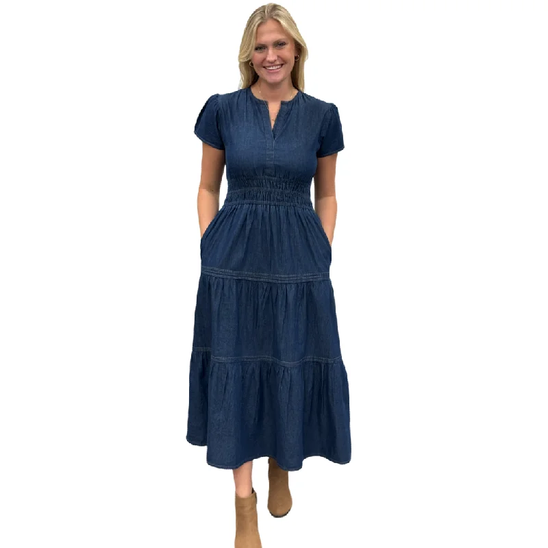 The Sydney Cinch Waist Dress in Denim Tunics Solid Classic