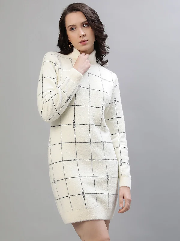 Iconic Women White Checked Turtle Neck Full Sleeves Dress Tunics Office stylish