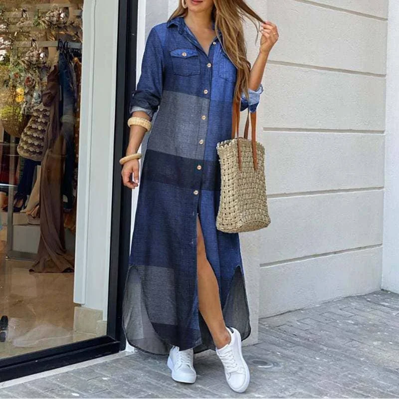 Ladies Plaid Shirt Feeling Relaxed Daily Long Dress 9237 Tunics Party sparkling