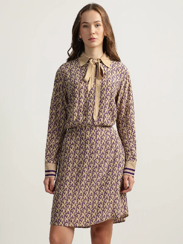 Gant Women Beige Printed Spread Collar Full Sleeves Dress Tunics Ceremony elegant