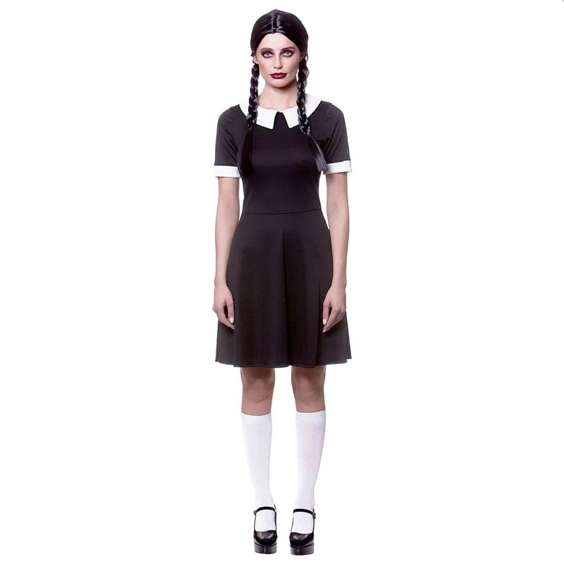 Womens Creepy School Girl Black Dress Wednesday Addams Costume Tunics Practical easy-care