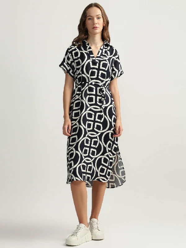 Gant Women Black Printed Spread Collar Short Sleeves A-line Dress Tunics Occasion special