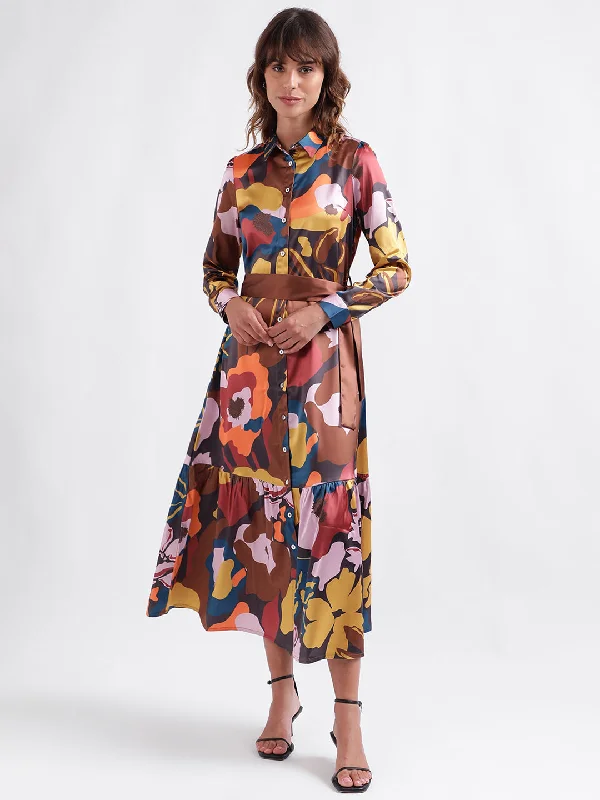 Iconic Women Multicolor Printed Shirt Collar Full Sleeves Dress Tunics Trousers formal