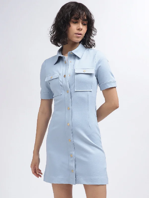 Gant Women Blue Solid Spread Collar Short Sleeves Dress Tunics Essential wardrobe