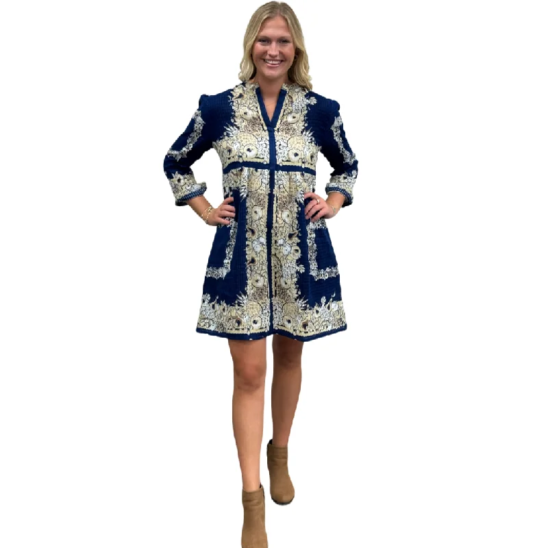 The Addison Border Print Dress in Navy and Beige Tunics Polka dots