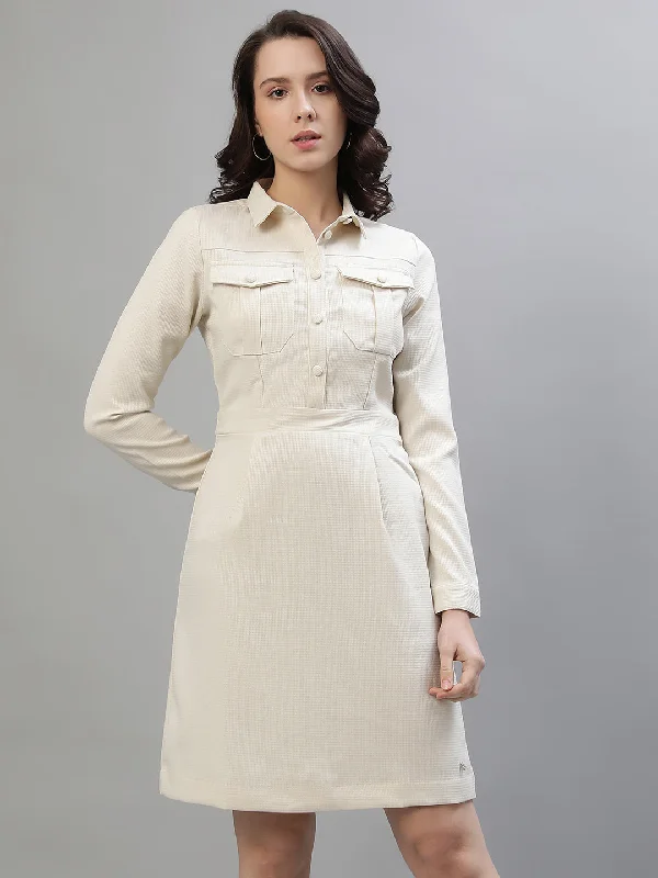 Iconic Women Cream Solid Spread Collar Full Sleeves Dress Tunics Leisure comfortable