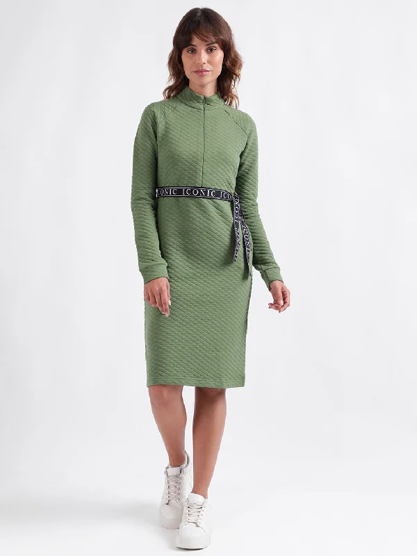 Iconic Women Green Solid Stand Collar Full Sleeves Dress Tunics Gym athletic