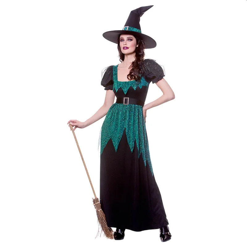 Womens Emerald Witch Costume Sequin Green Black Dress Hat Belt Tunics Fashionable chic