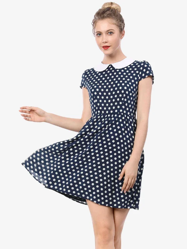 Peter Pan Collar Short Sleeve Contrast A-Line Polka Dots Dress A-Line Day Work