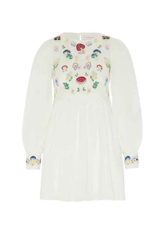 Emma Dress in White with Mushroom Embroidery Boatneck Modish Everyday