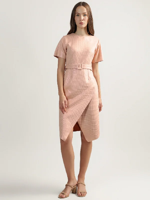 Centrestage Women Pink Solid Round Neck Short Sleeves Belted Dress Tunics Seasonal trendy