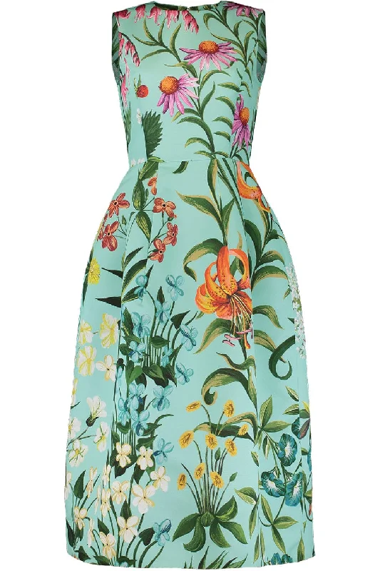 Sleeveless Floral Tapestry Faille Dress Square Neckline Feminine