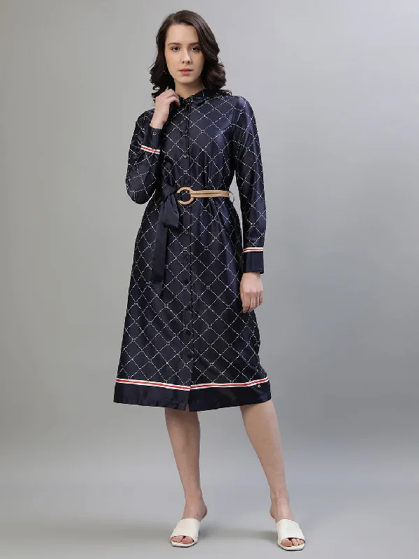 Iconic Women Navy Blue Printed Spread Collar Full Sleeves Dress Tunics Distressed trendy