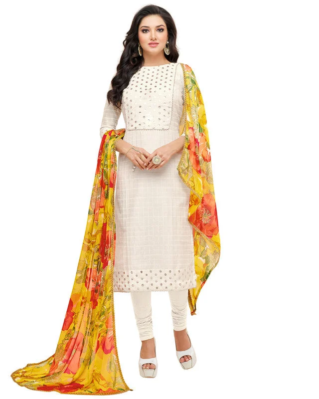 Women's Off White Chanderi Silk Embroidered Kurta With Trouser & Dupatta  (Semistitched (SKD) ) - Aastha Fashion Trousers Lace Delicate