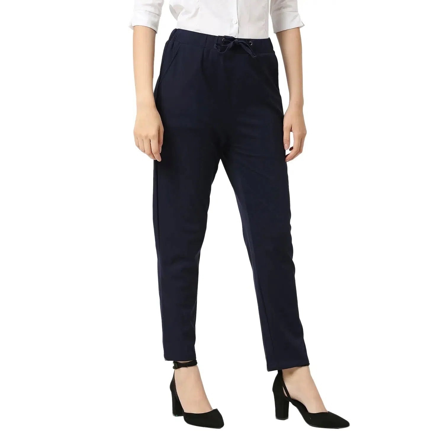 Smarty Pants Women's Cotton Lycra Ankle Length Navy Blue Formal Trouser Trousers Elastic Waist Soft