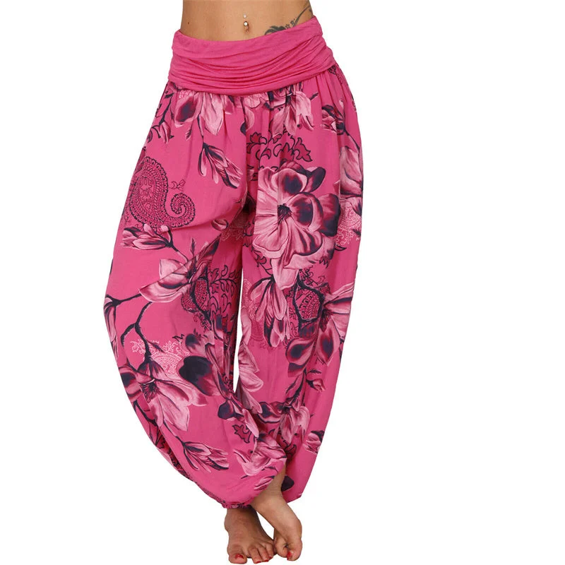 Buddha Stones Flower Leaves Pattern Loose Harem Trousers Women's Yoga Pants Trousers Canvas Durable