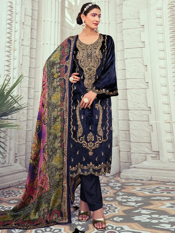 Women's Navy Blue Velvet Cording With Digital Printed Kurta With Trouser & Dupatta  (Semi-Stitched ) - Aastha Fashion Trousers luxurious high-end