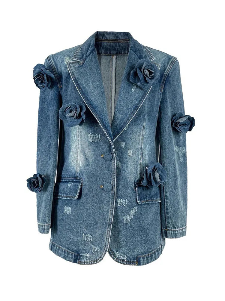 Denim 3D Flower Turn-down Collar Jacket Ribbed Jacket Pleated Jacket Ruffled Jacket