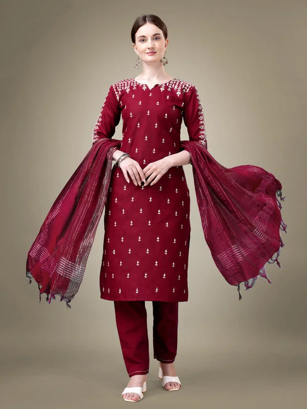 Women's Maroon Cotton Blend Embroidery & Sequence Work Kurta With Trouser & Dupatta  (Stitched ) - Aastha Fashion Trousers Print Floral