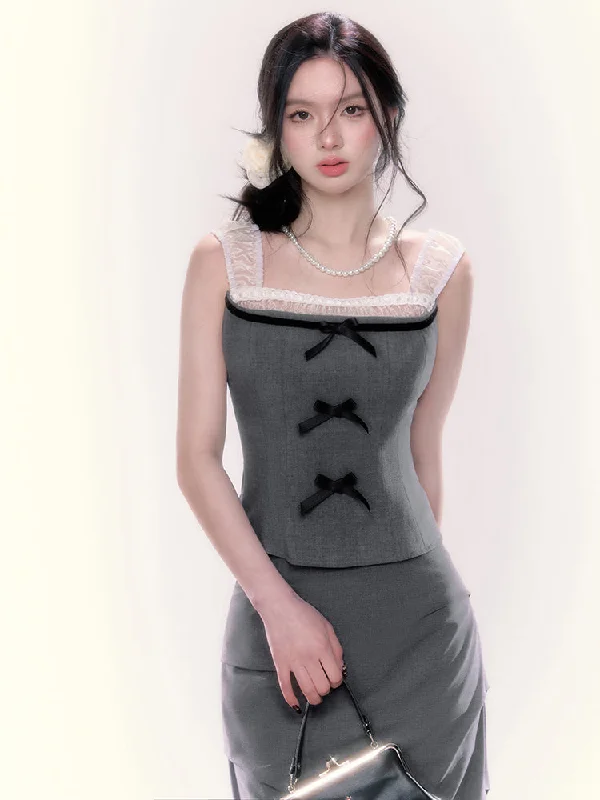 See-through mesh strap ribbon sleeveless top & side drape long skirt UND0042 breathable skirt fabric