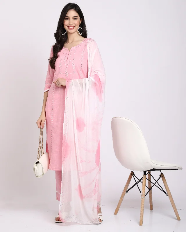 Women's Pink Cotton Embroidered Kurta With Trouser & Dupatta  (Semistitched (SKD) ) - Aastha Fashion Trousers Favorite Customer