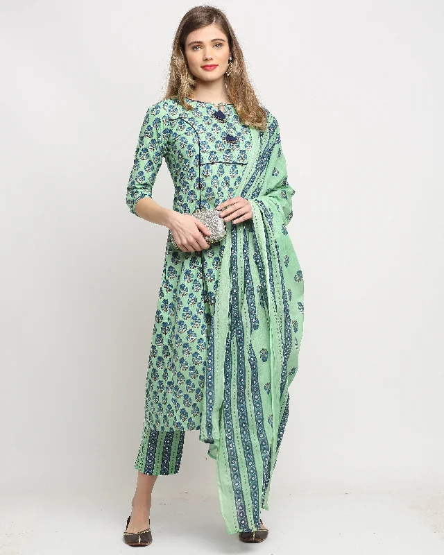 Women's Pista Green Cotton Jaipuri Printed Kurta With Trouser & Dupatta  (Semistitched (SKD) ) - Aastha Fashion Trousers Handmade Artisanal