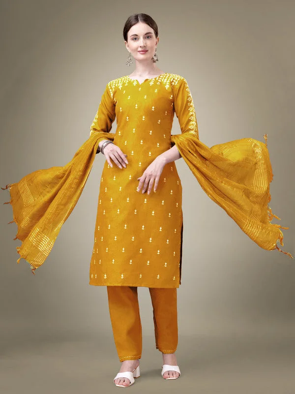 Women's Yellow Cotton Blend Embroidery & Sequence Work Kurta With Trouser & Dupatta  (Stitched ) - Aastha Fashion Trousers Bootcut Casual