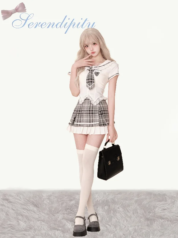 College Style Lace Sailor Top & Check Pleated Layered Skirt SER0039 lace skirt intricate