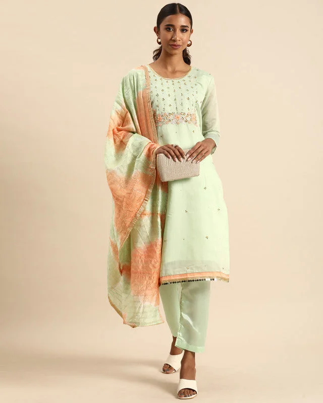 Women's Olive Green Chanderi Silk Embroidered Kurta With Trouser & Dupatta - Aastha Fashion Trousers Prom Sequined