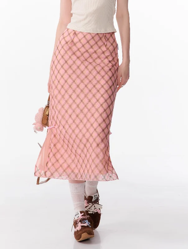 American Retro High Waist Pink And Brown Plaid Fishtail Mid-length Skirt ZIZ0106 velvet skirt luxury