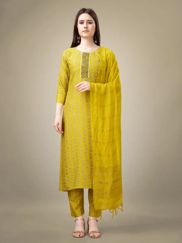 Women's Yellow Rayon Embroidery & Sequence Work Kurta With Trouser & Dupatta  (stitched 40 size, Alt 38 to 44 size) - Aastha Fashion Trousers versatile functional