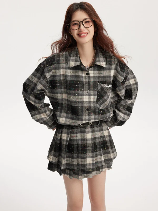 Retro colorful dotted check patterned two-layer pleated skirt NTO0062 corduroy skirt cozy