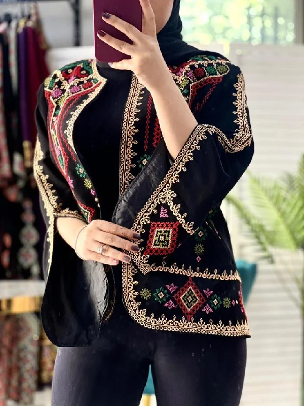 Elegant Palestinian Black And Beige Diamond Embroidered Short Jacket Ribbed Jacket Pleated Jacket Ruffled Jacket