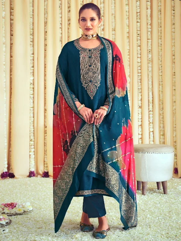 Women's Navy Blue Raw Silk Cording With Resham Thread Work Kurta With Trouser & Dupatta  (Semi-Stitched ) - Aastha Fashion Trousers Palazzo Wide Leg