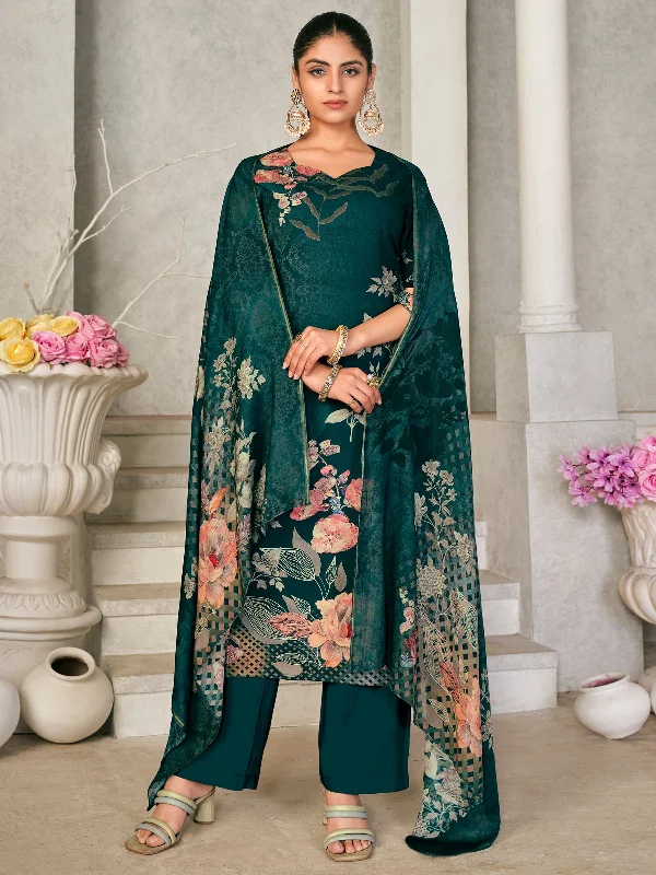 Women's Green Pashmina Floral Digital Printed Kurta With Trouser & Dupatta  (Semi-Stitched ) - Aastha Fashion Trousers chic fashionable