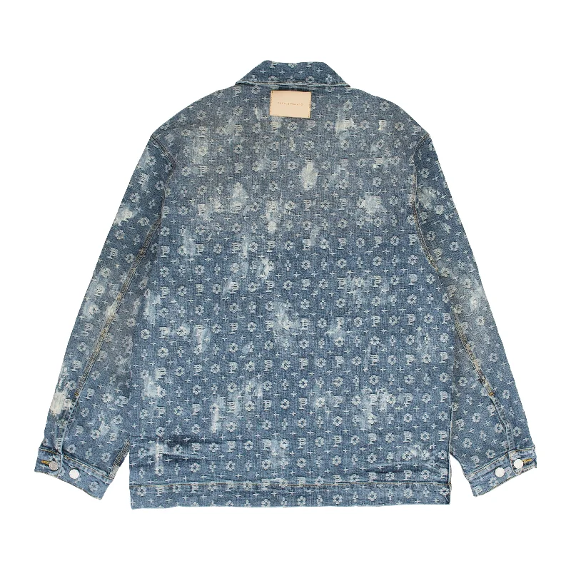 JACQUARD MONOGRAM Indigo DENIM JACKETS V-Neck Jacket Boat Neck Jacket Square Neck Jacket