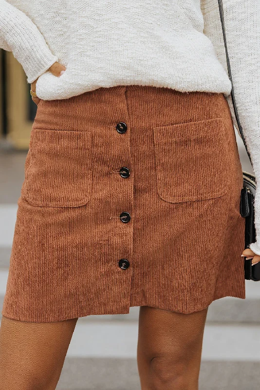 Brown Buttons Front Corduroy Mini Skirt ruffled skirt detail