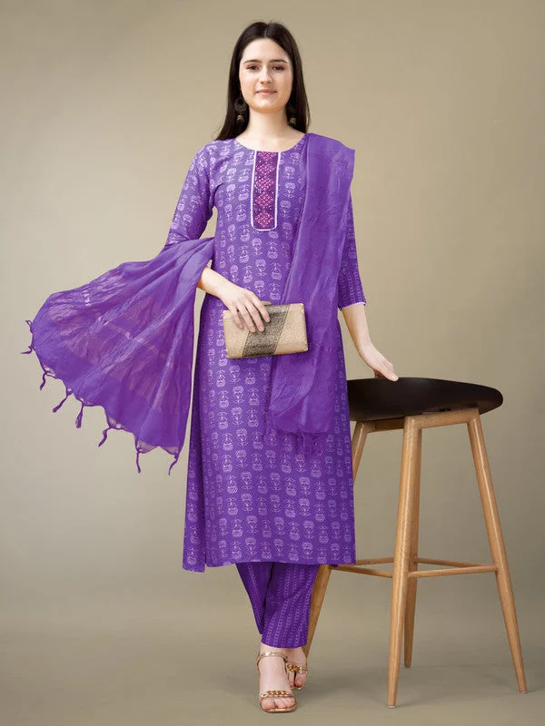 Women's Purple Rayon Embroidery & Sequence Work Kurta With Trouser & Dupatta  (stitched 40 size, Alt 38 to 44 size) - Aastha Fashion Trousers fashionable trendy