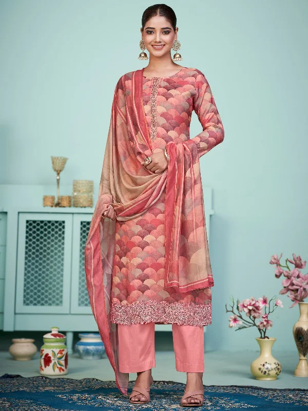 Women's Peach Muslin Digital Print With Resham Thread Work Kurta With Trouser & Dupatta  (Semi-Stitched ) - Aastha Fashion Trousers Striped Patterned