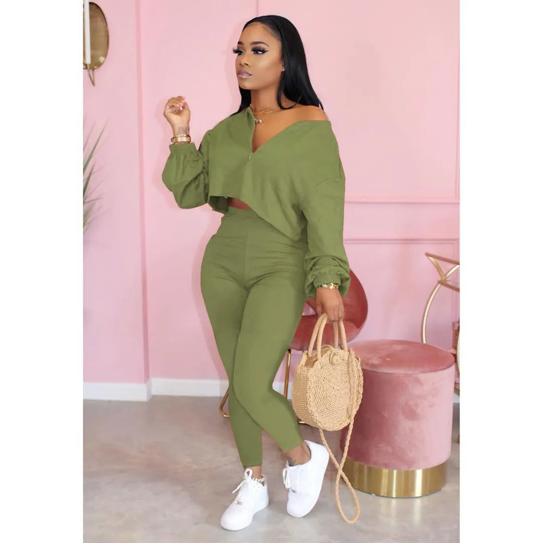 2023 FashionTracksuits Two Piece Set Women V-neck Long-sleeved Loose Crop Tops Bottoming Pants Set Office Casual Two Piece Set Rayon Fabric Velvet Fabric Corduroy Fabric