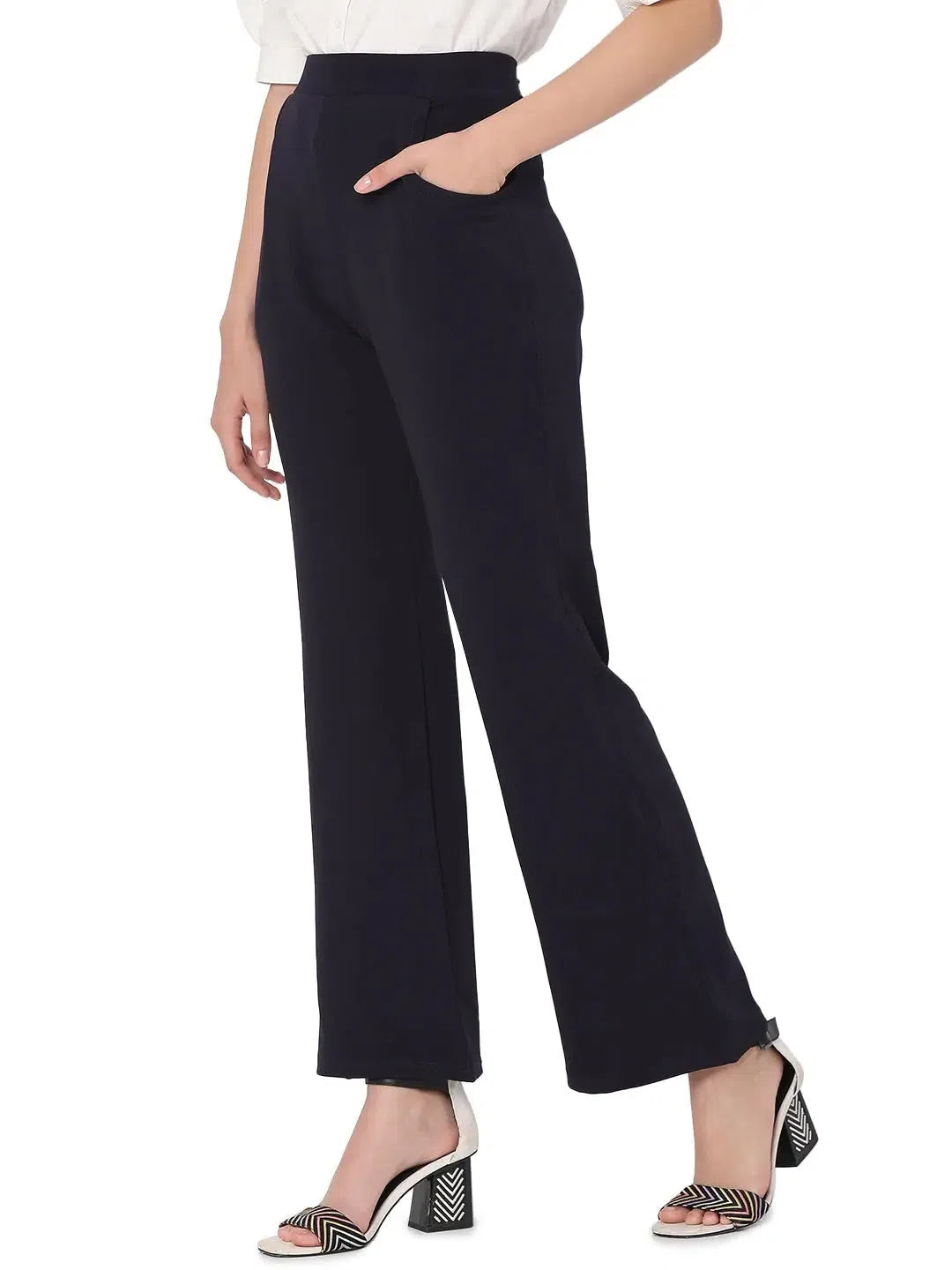 Smarty Pants Women's Cotton Lycra Bell Bottom Navy Blue Formal Trouser Trousers Solid Black