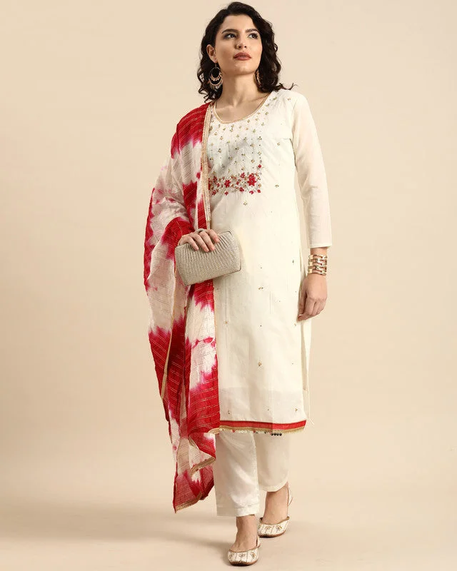 Women's White Chanderi Silk Embroidered Kurta With Trouser & Dupatta - Aastha Fashion Trousers Formal Black