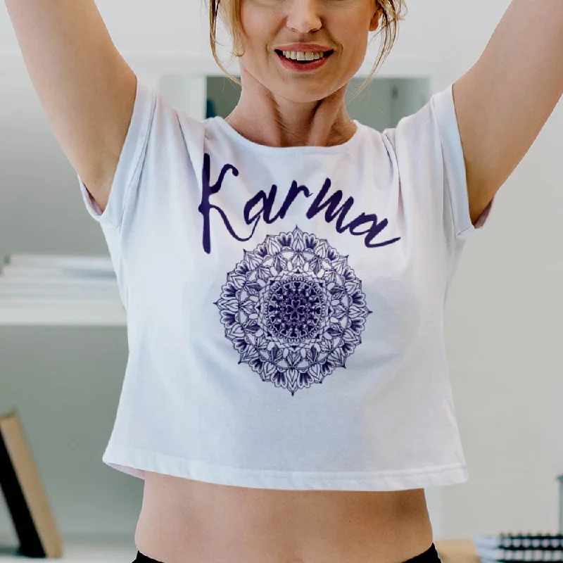 Karma Graphic Print Crop Top for Women Front Pockets Side Pockets Patch Pockets