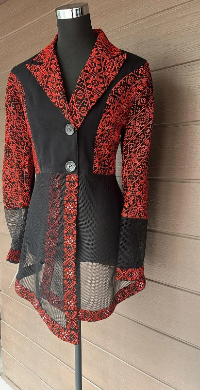 Stylish Red And Black Embroidered Jacket Notch Collar Peter Pan Collar Cowl Neck