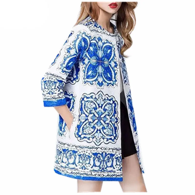 Blue And White Porcelain floral jacquard long jacket women coat Elasticated Jacket Padded Jacket Insulated Jacket